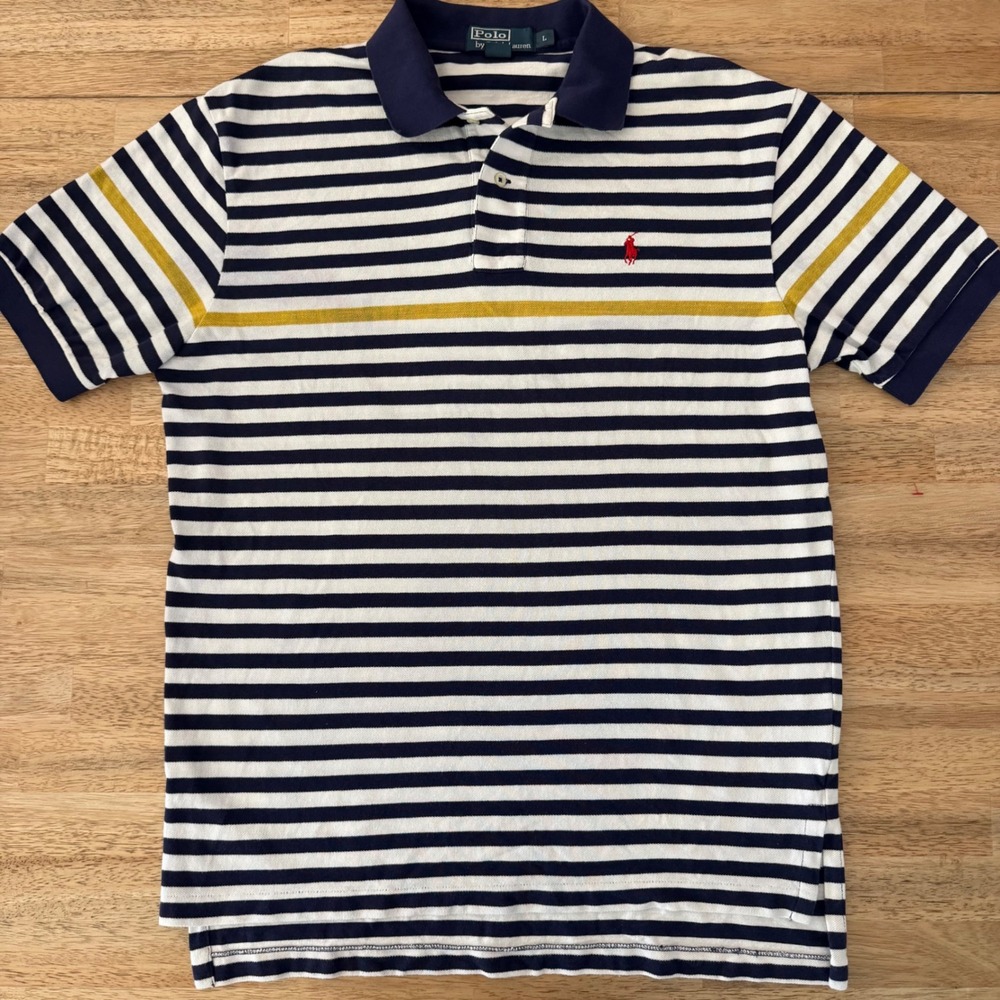 Polo Ralph Lauren Mens Large Navy White Striped Short Sleeve Pique Polo Shirt